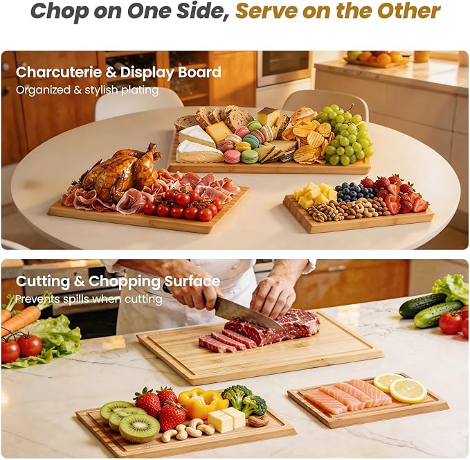 Bamboo Cutting Board for Kitchen, Double-Sided with Stand, Natural | 3-piece Chopping Board Set With Juice Grooves, Vertical Storage Rack, and Comfort Side Handles for Effortless Meal Prep