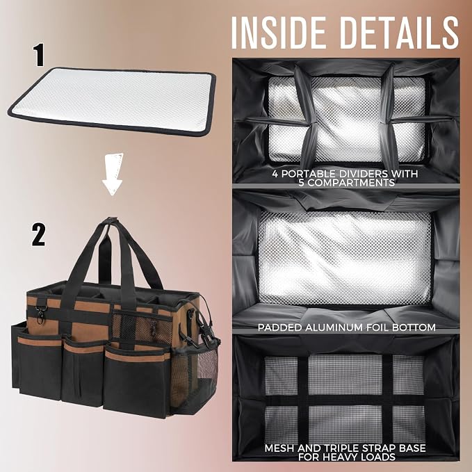 SCAVATA Wearable Cleaning Caddy, Cleaning Caddy Supplies Organizer with Handle & Shoulder Straps for Housekeepers, Under Sink & Car Cleaning Tool Organizers Bag with 4 Foldable Divider (Brown)