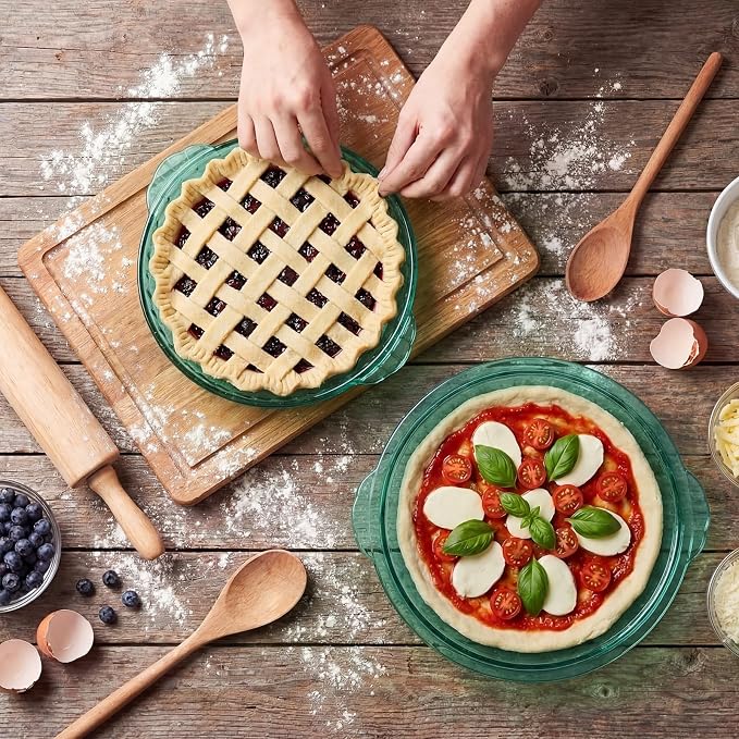 2 Pack Green Glass Pie Dish, 8 Inch Round Deep Plate, Tempered Glass Baking Dish, Non Toxic, Oven and Dishwasher Safe, Ideal for Baking Pies, Quiche and Desserts