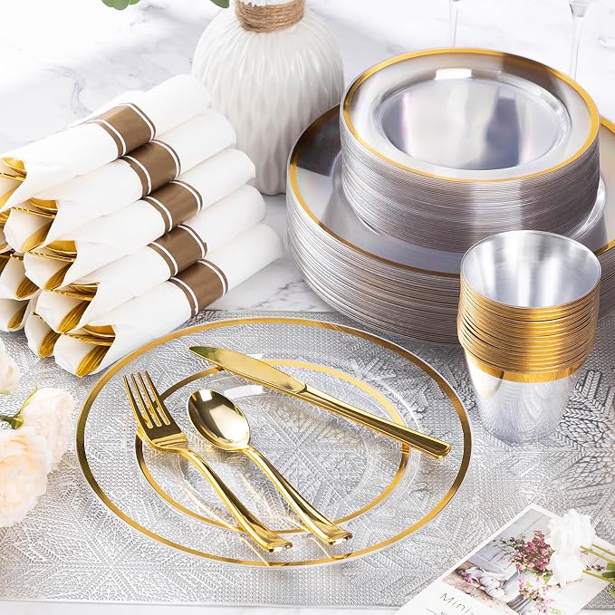 700 Piece Clear Gold Disposable Plastic Dinnerware Sets for Party | Plastic Silverware for 100, Include: 200 Plastic Plates, 100 Pre Rolled Napkins with Cutlery Sets, 100 Cups for Party
