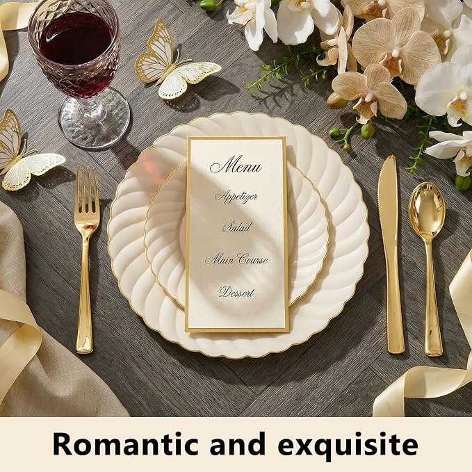 YOUBET 125PCS Ivory Scalloped Plastic Plates for Party Wedding | Cream Scalloped Disposable Plates - Gold Plastic Dinnerware Set Include 50 Plates, 75 Gold Silverware