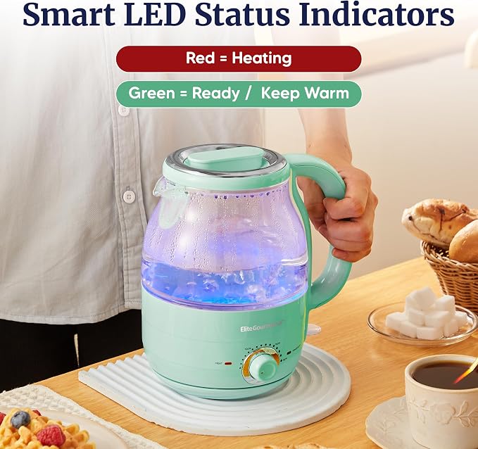 Elite Gourmet 1.2L Glass Kettle, 1200W Fast Boil, Temp Control, Mint | BPA-Free Borosilicate Glass, Keep Warm Function, Auto Shut-Off & Boil-Dry Protection, 360° Cordless Base