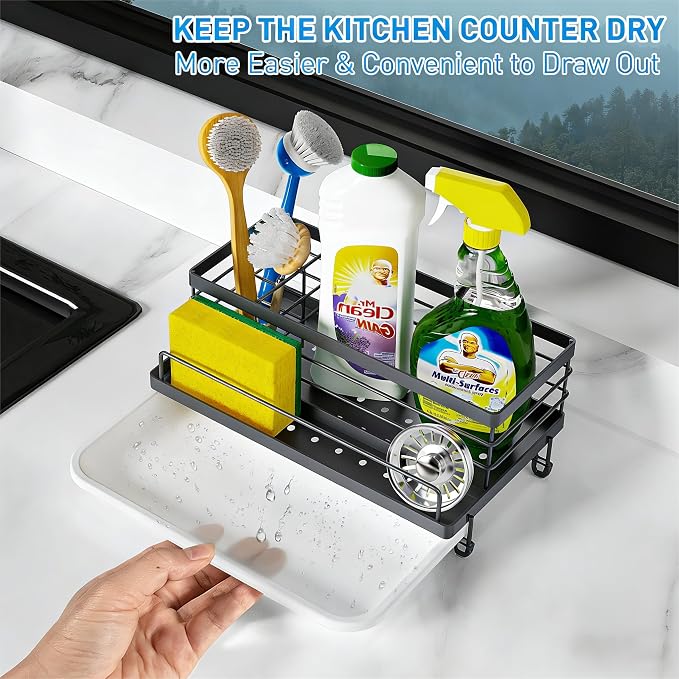 Cisily Sponge Holder for Kitchen, Sink Caddy Organizer, Kitchen Sink Accessories with Drip Tray, Rustproof and Non-slip Kitchen Sink Sponge Holder (Gray)