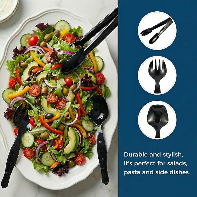 36 Pcs Disposable Plastic Serving Utensils Set, 9 Inch Black | Tongs, Forks & Spoons For Buffet, Catering, Restaurants, BBQs, Picnics, Weddings And Party Food Stations