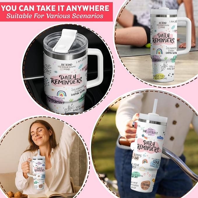 Gossby Daily Reminders Tumbler for Women, 30oz Stainless Steel with Handle | Daily Affirmations For Women, Inspirational Cup, Motivational Mental Health Gift For Friends, Nurse, Coworker, Birthday Gifts