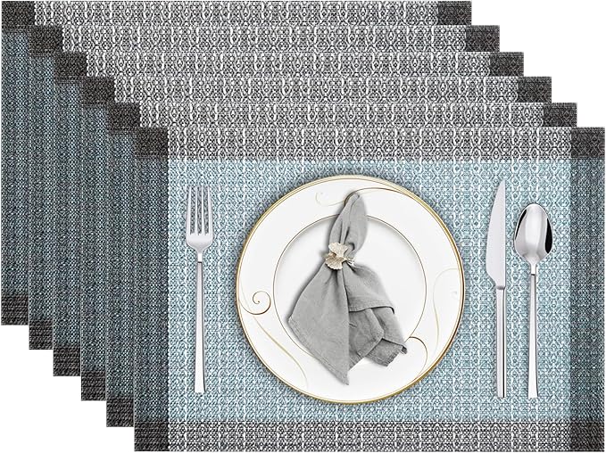 Blue Grey Ethnic Boho Placemats Set of 6, 12x18 Inch Linen Burlap Washable Durable Art Table Mats for Holiday Party Kitchen Dining Room Decoration