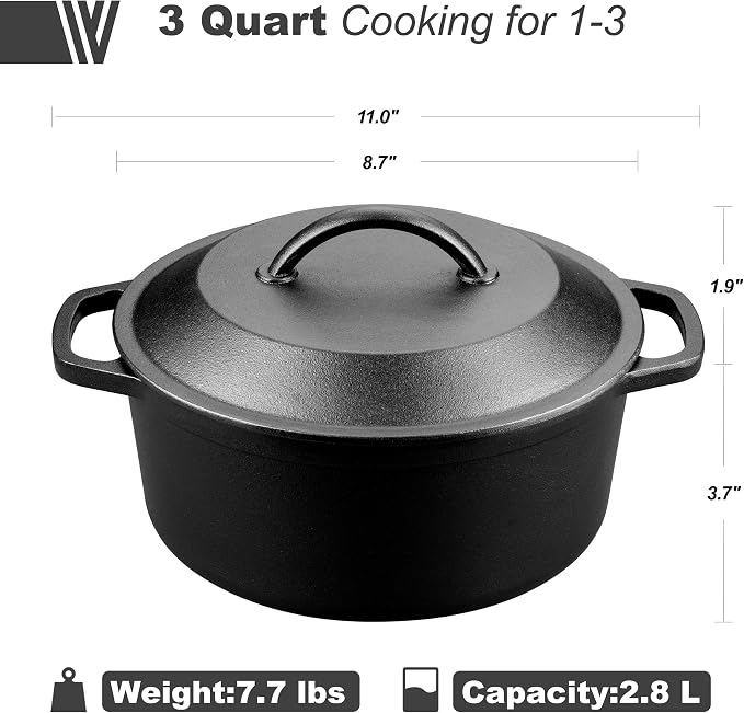Pre-Seasoned Cast Iron Dutch Oven with Lid, Round and Dual Handles, for Stovetop, Camping, Grill, Induction, Electric, Black, 3 qt