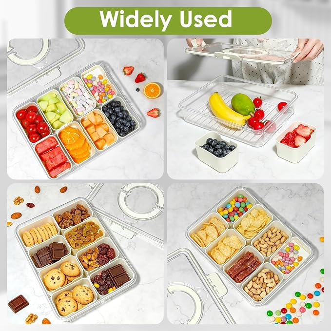 HRXFOZ Divided Serving Tray with Lid and Handle, 8 Compartment Snack Box, Portable Snack Platter for Fruits, Veggies, Nuts, Party Entertaining, Picnic (2 PCS)