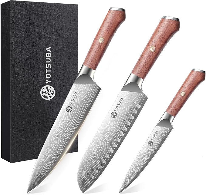 YOTSUBA 3 PCS Japanese Kitchen Knife Set, Razor Sharp High Carbon Stainless Steel Chef Knives with Ergonomic Natural Rosewood Handle, Premium Gift Box for Home & Restaurant Use
