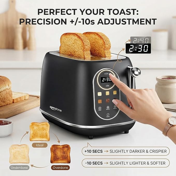 Keenstone Smart Touch Screen Toaster 2 Slice, Retro Wide Slot Stainless Steel Toaster with 6 Browning Levels, Reheat & Defrost, for Bagel, Toast, Bread, Removable Crumb Tray, Black