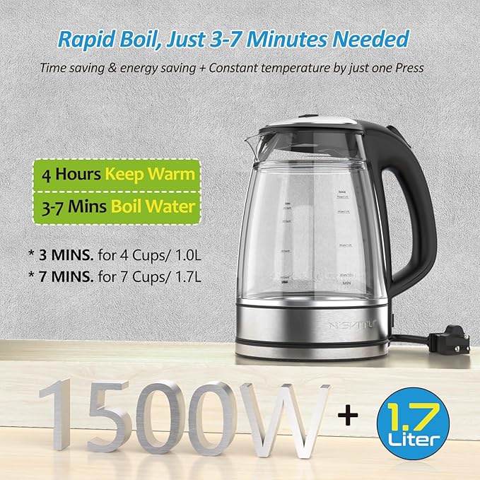 NISVITU 1.7L Dual Wall Cool Touch BPA-Free Electric Kettle, Black | Glass Inner+PC Outer, 1500W Fast Boil Cordless Hot Water Boiler Electric Tea Kettle, Auto Shut-Off+Keep Warm