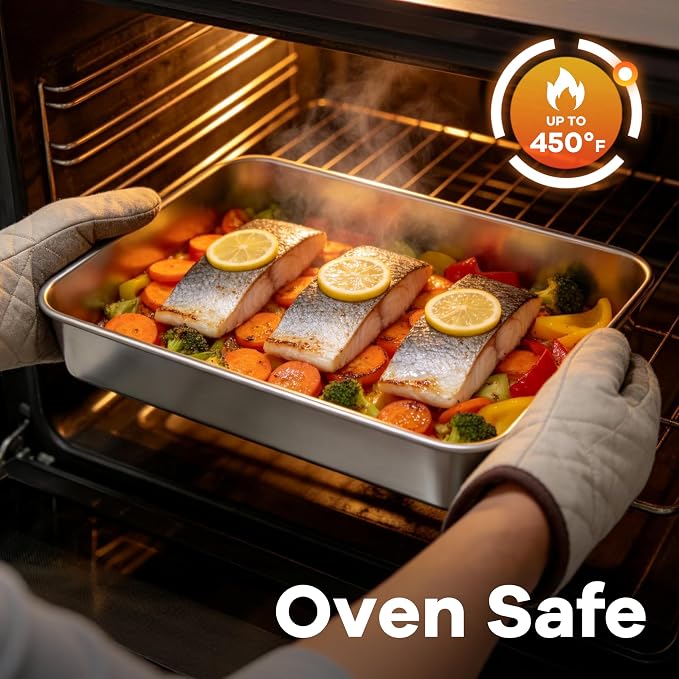 LIANYU Baking Cake Pan Set with Lid, 12⅓ x 9¾ x 2 Inch Lasagna Brownie Pan | Stainless Steel Baking Sheet, Rectangular Metal Bakeware, Oven & Dishwasher Safe Pan (1 Pan +1 Lid )