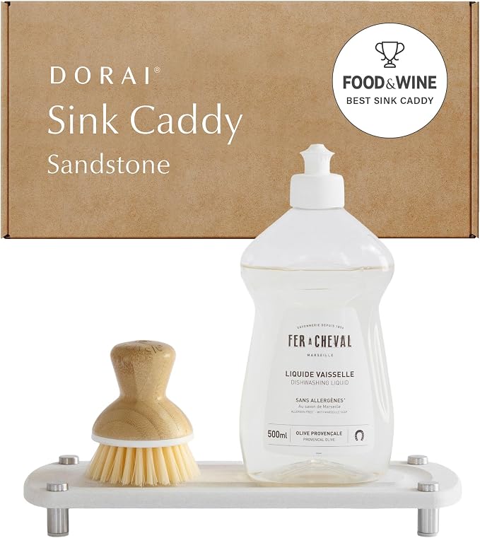 Dorai Home Stone Kitchen Sink Caddy - Diatomaceous Earth Sink Tray with Stainless Steel Feet, Water-Absorbing Countertop Organizer for Kitchen or Bathroom - Sandstone