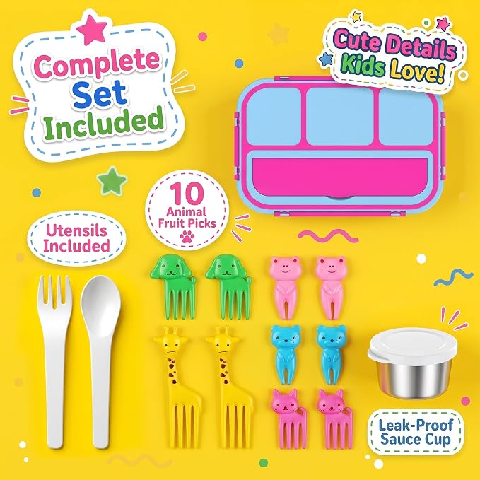 Stainless Steel Bento Lunch Box for Kids Adult, Metal Lunch Box Containers for Boys Girls School, 4 Compartment Leak Proof Lunch Containers with Sauce Cup, Fork and Spoon & Fruit Picks, Pink blue