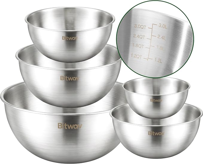304 Stainless Steel Mixing Bowls Set of 5, 1.1/1.6/1.9/2.5/3.5 QT Food Grade Metal Bowls with Measurement Marks, Dishwasher Safe & Stackable Nesting for Baking, Salads, Meal Prep, RV & Camping