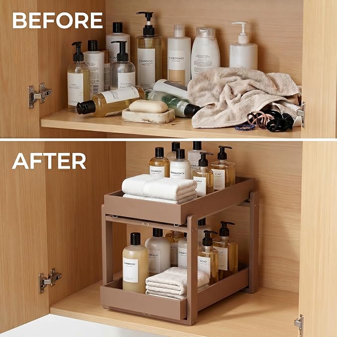 Bamboo Under Sink Storage 2 Tier Pull Out Cabinet Organizer Slide Out Under Sink Storage Shelf Undersink Organizers Shelves for Kitchen Bathroom Organization (Brown, 1 Pack)