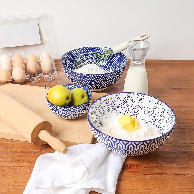 Selamica Ceramic Large Salad Bowls Set, 53 OZ Pho Bowls 8 Inch Soup Bowls for Kitchen, Large Serving Bowls for Ramen Pasta Fruit Dinner, Stackable & Sturdy, Set of 3, Vintage Blue