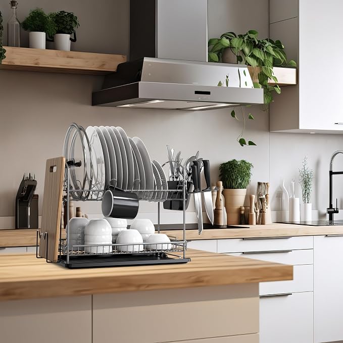 Simple Houseware 2-Tier Dish Rack with Drainboard, Silver