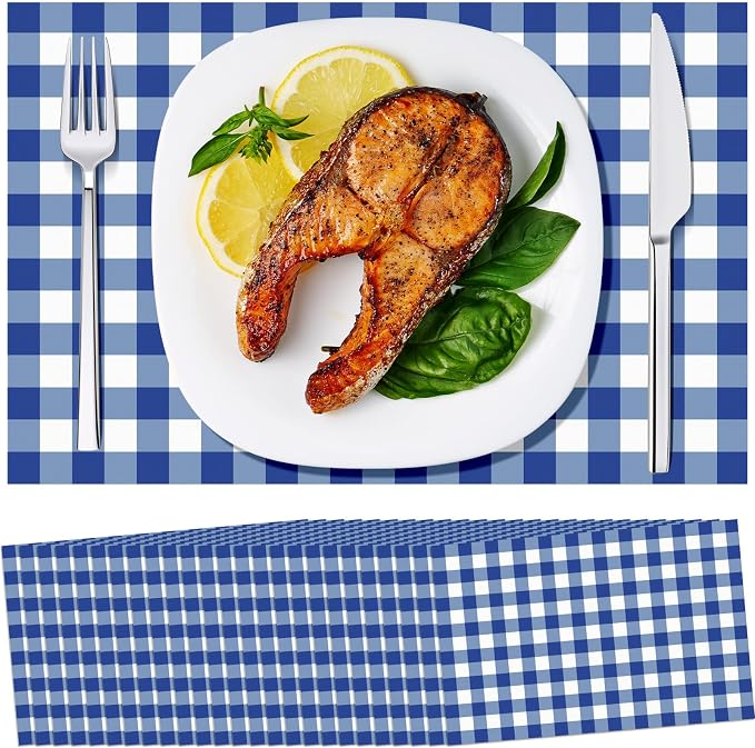 100 Pcs Checkered Paper Placemats Birthday Party Supplies Disposable Placemats for Kids Baby Shower Men Party Decorations Favors 11 x 17 Inch (Blue, White)