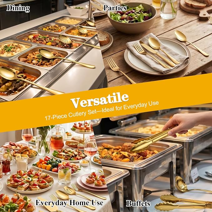 17pcs Gold Serving Utensils Set,Stainless Steel Large Serving Spoons,Slotted Spoon,Fork,Tongs,Cake Pie Server,Soup Spoon,Metal Buffet Banquet Cutlery for Parties Weeding Birthday Entertaining Catering