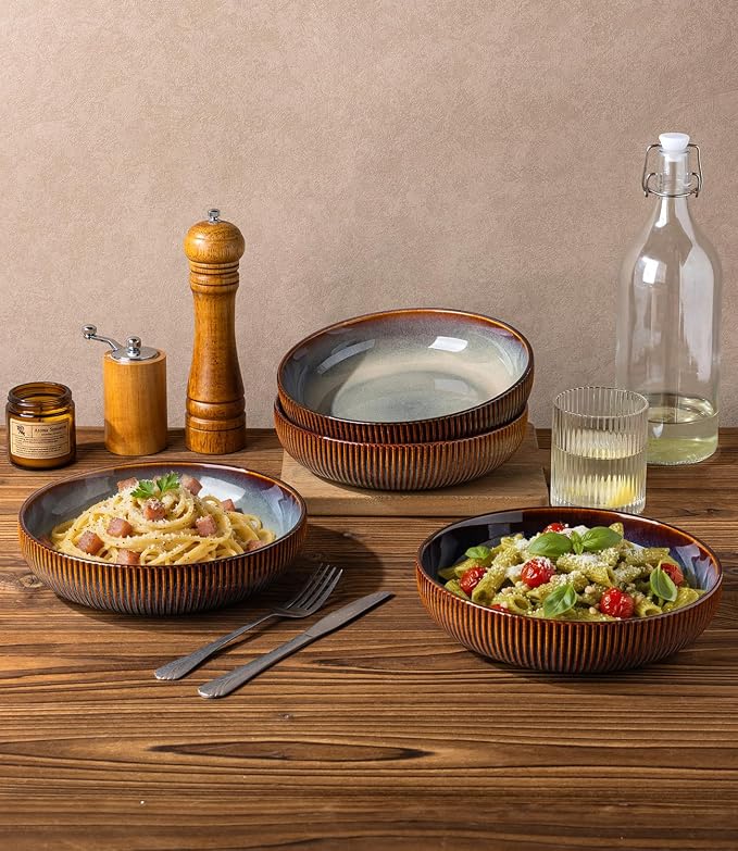 8.5" Ceramic Pasta Bowls Set of 4, Salad Bowls | Versatile Serving Bowls for Pasta, Salad, Fruit & Noodles, Housewarming & Wedding Gift, Cocoa Mocha