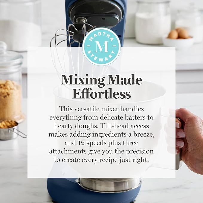 Martha Stewart 5.3QT Tilt Head Stand Mixer, 12 Speeds, Stainless Steel Bowl | Dough Hook, Stainless Whisk, Beater, Removable Splash Shield, Bread, Cake & Whipping, Electric Kitchen Mixer, Indigo Blue