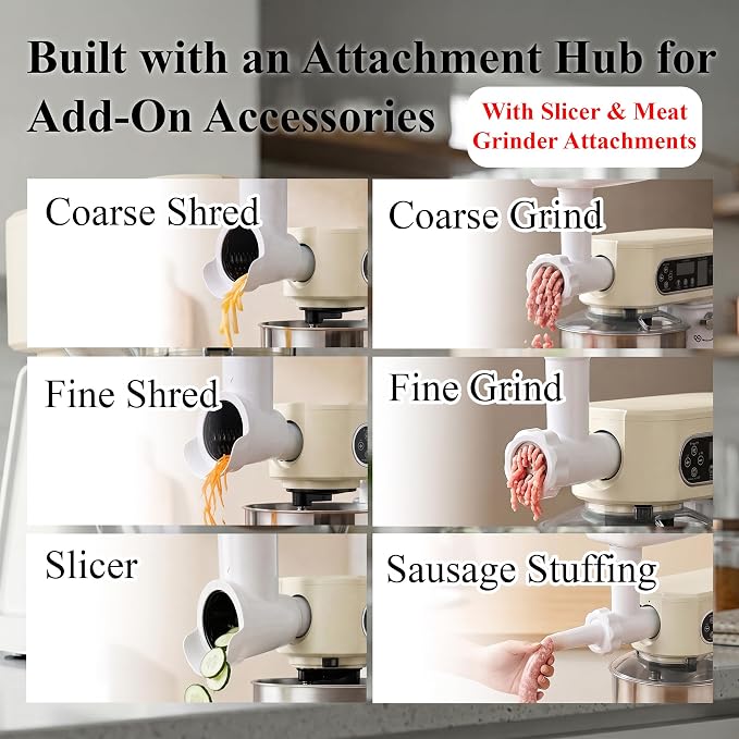 5.3 Qt 9-Speed Tilt-Head Stand Mixer, Multi-Function Electric Mixer | 3 Mixing Attachments, Meat Grinder & Vegetable Slicer, Stainless Steel Bowl, Splash Guard, Easy Clean, Almond Cream