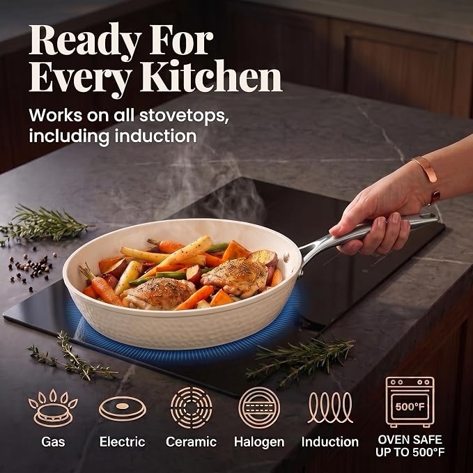 GOTHAM STEEL Hammered 3 Pc Nonstick Frying Pans Set, Navy Gold | 8, 10, 12" Fry Pans, Heavy Duty 3.0MM Gauge, Non Toxic PFOA/PFOS/PTFE Free, Induction Compatible, Oven & Dishwasher Safe