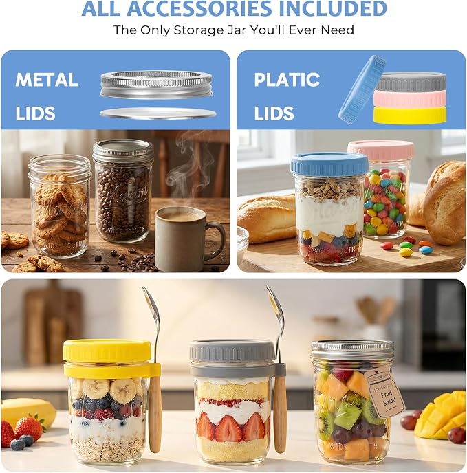 CycleMore 4-Pack 16 oz Overnight Oats Containers with Airtight Lids, Colorful Lids & Spoons, Wide Mouth Mason Jars, Glass Food Storage Containers for Snacks, Yogurt, Cereal, Fruit