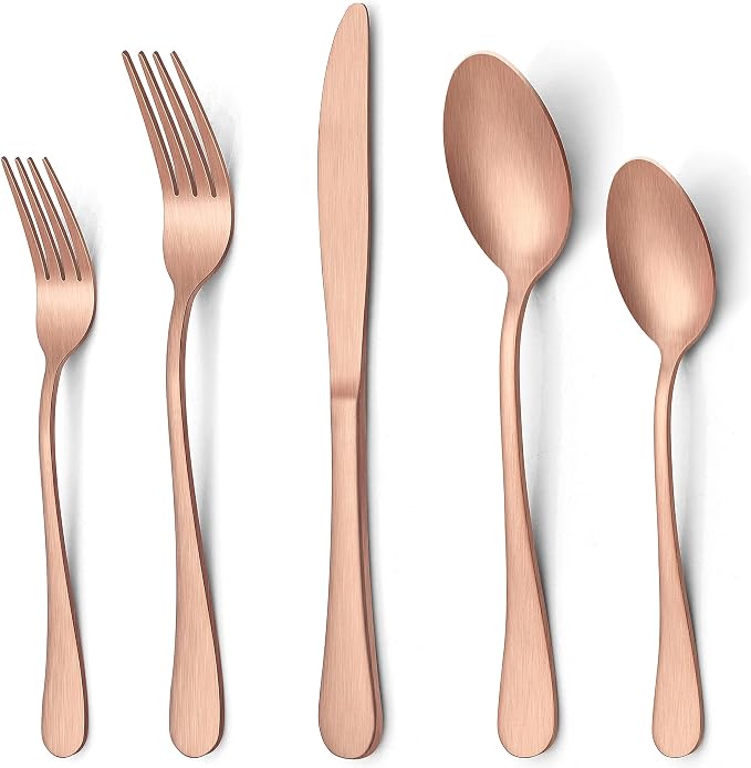 LIANYU 20 Piece Matte Copper Silverware Set, Stainless Steel Copper Flatware Cutlery Set for 4, Fancy Kitchen Utensil Tableware for Home Restaurant Party, Satin Finish, Dishwasher Safe | Flatware Cutlery Set for 4, Fancy Kitchen Utensil Tableware for H...
