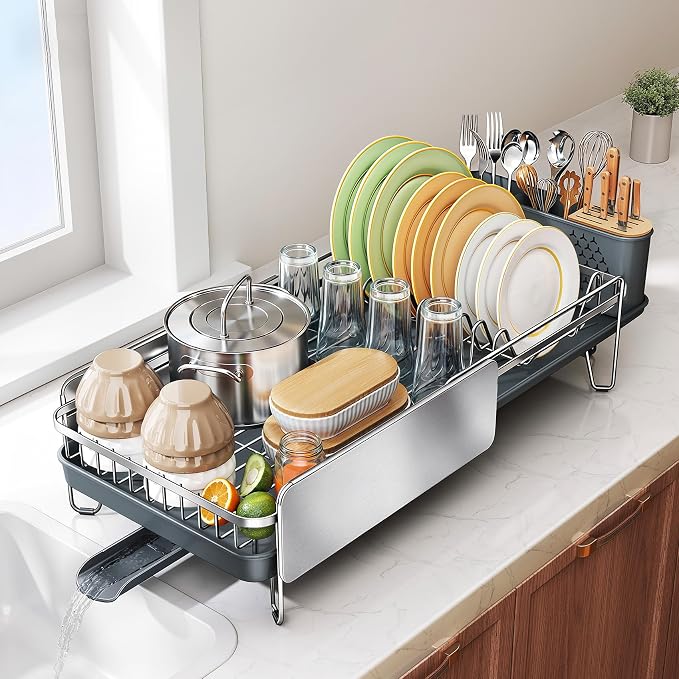 Stainless Steel Dish Drying Rack for Kitchen Counter, Expandable, Silver | Stainless Steel Dish Drainer, Adjustable Length 18.9''-29.3'', Automatic Drainage, 360° Spout, Cutlery Holder with Knife Slot