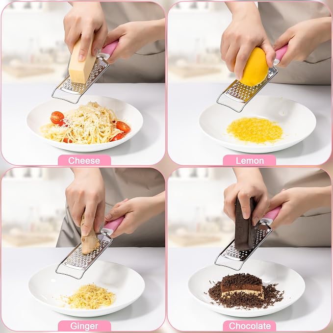 Professional Cheese Graters for Kitchen Stainless Steel Handheld, Metal Lemon Zester Grater With Handle For Cheese, Chocolate, Spices, Kitchen Gadgets And Tools, Soft Grip Handle, Pink