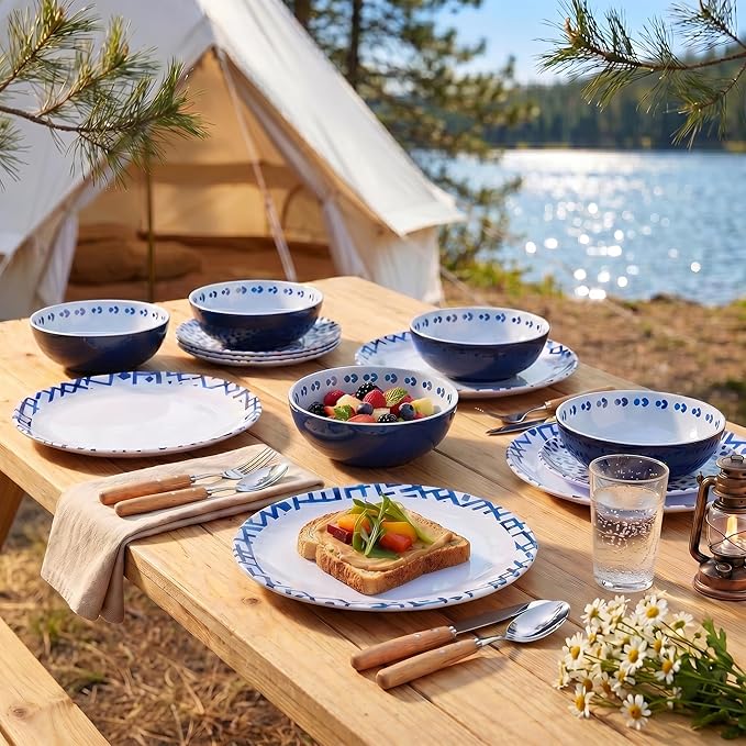 12pcs Melamine Dinnerware Set - Unbreakable Plates and Bowls Set | Blue Grid Stripes Dinner Dish Set for Indoor/Outdoor Use - Modern Style Service for 4 - Break-Resistant Dishwasher Safe