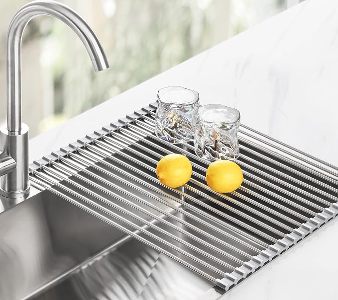 Tomorotec Roll Up Dish Drying Rack Over Sink, 304 Steel, 21x15.5, Grey | Anti-Slip Silicone Rims For Grip, Heat-Resistant Trivet Mat Holding Heavy Cookware, Rustproof Kitchen Counter Space Saver