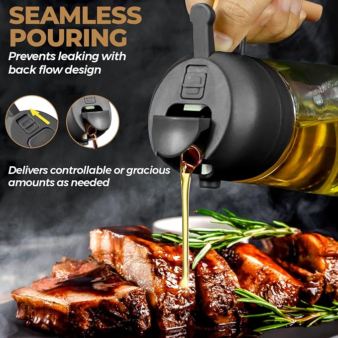 MBO 2-in-1 Olive Oil Spray Bottle for Cooking – 16oz / 470ml Glass Dispenser with Silicone-Encased Base, Mist & Pour Spout – Refillable Kitchen Gadget for Air Fryer, Salad, BBQ