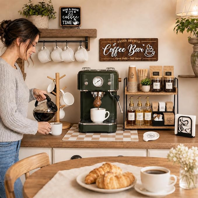 7 PCS Coffee Bar Accessories Set, Farmhouse Coffee Station Organizer Kit | Kitchen Coffee Table Decor for Countertop, Napkin Mug Holder Spoon Rest Tray Mat Sign, Kitchen Home Decor Gifts for Men Women
