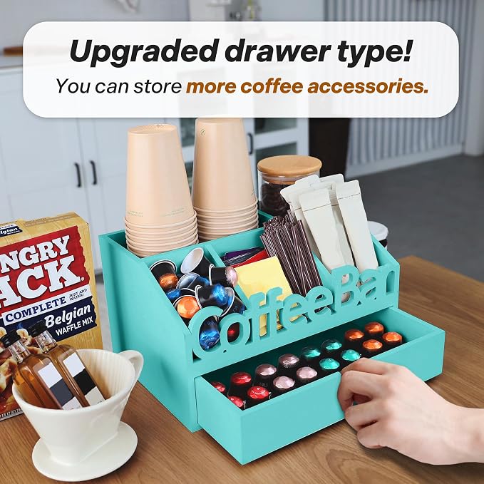 Coffee Bar Organizer Countertop, Wood Coffee Station, Drawer, Turquoise | K-Cups, Tea Bags, Sugar Packets & Creamers