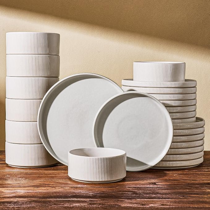 Dinnerware Set for 6, Ceramic Ribbed Plates, Bowls, Dishes | 18-Piece Stoneware Dinner Sets, Handmade Reactive Glaze, Microwave & Dishwasher Safe, Chip & Scratch Resistant, Matte White