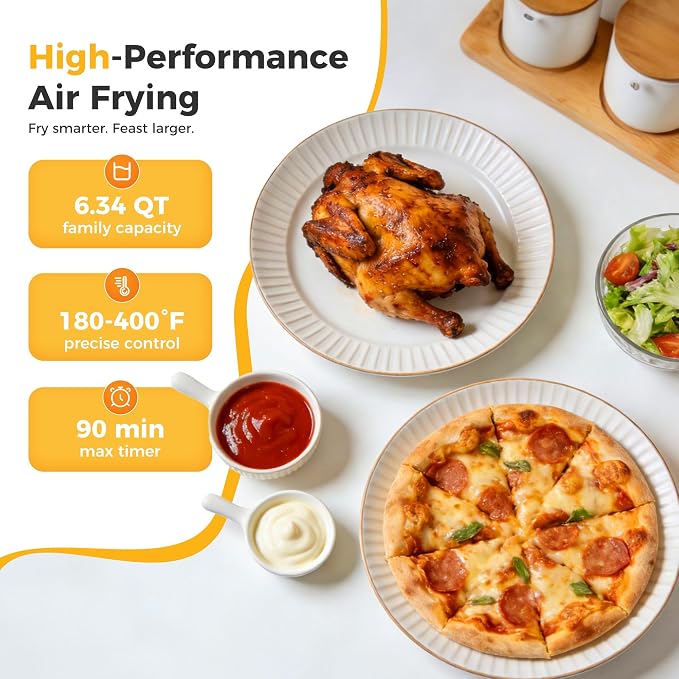 NEWBULIG Air Fryer 6.34QT Airfryer with Visible Window 400℉ Fast Heating Stainless Steel Air Fryers Oven with Nonstick and Dishwasher-Safe Basket 8-in-1 Cooking Preset with Timer Auto-Off