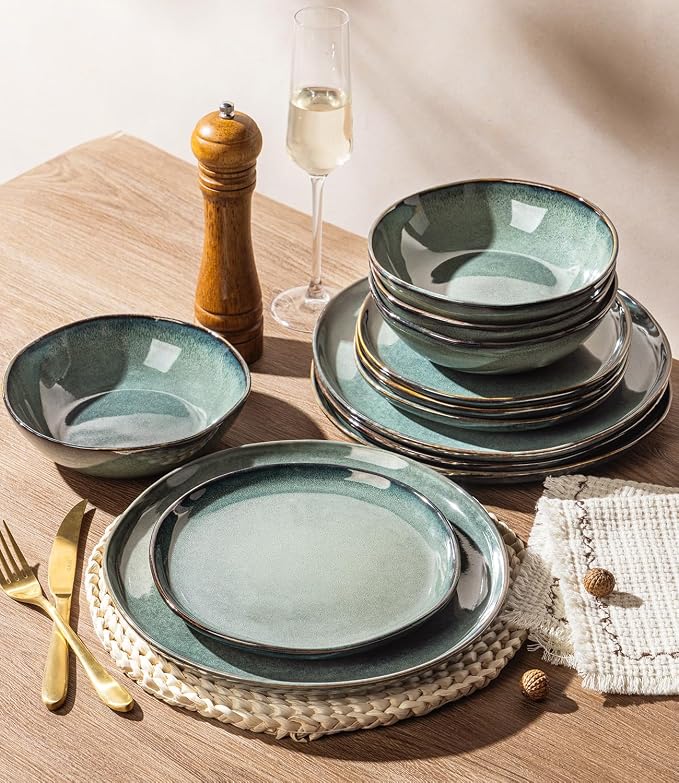 GBHOME Stoneware Dinnerware Sets for 8,24 Piece Rustic Plates and Bowls Set | Earthenware Handmade Reactive Glaze Plate Sets, Chip Resistant Ceramic Dishes, Microwave & Dishwasher Safe, Coastal Teal