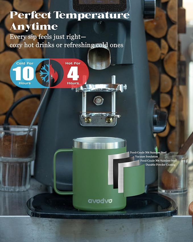 12oz Insulated Coffee Mug with Lid – Includes Two Lids, Stainless Steel Coffee Travel Mug with Handle, Double Wall Vacuum Insulated Camping Mug for Home, Office & Outdoor, Army Green