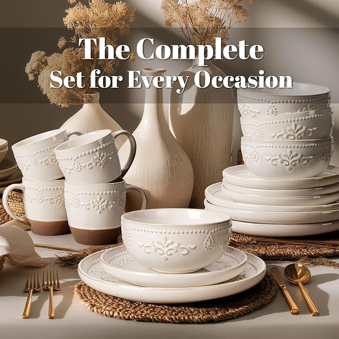 Plates And Bowls Sets, 16 Pieces Dinnerware Sets, Dish Set For 4, Ceramic Kitchen Bowl And Plate Set, Embossed White Dishware Sets, Dishwasher & Microwave Safe (Damask Floral) (With Mugs)