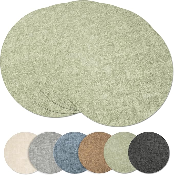Maxpearl Faux Leather Round Placemats Set of 6, 13.8 inch, Light Green | Waterproof, Heat Resistant, Non Slip, Wipe Clean Dining Table Place Mats, Suitable for Indoor & Outdoor Use, Table Settings