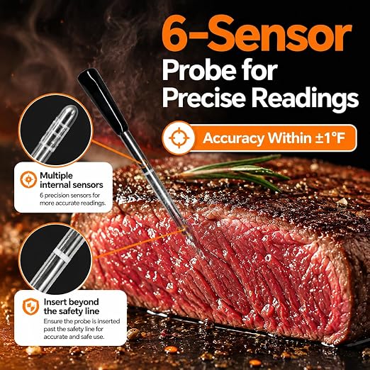 Bluetooth Meat Thermometer Wireless for Grill BBQ Oven, 2 Meat Probes | 130FT Stable signal | ±1°F Accurate Digital | Wifi App Control | IP67 Waterproof | Rechargeable | For Steak Chicken Turkey