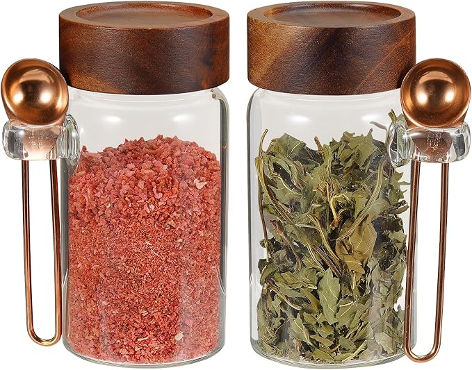 8oz Small Glass Spice Jar with Spoon Airtight Screw Wood Lid Clear Sugar Herb Container Food Storage Canisters Bottle for Seasoning Coffee Ground Bean Kitchen Tea Overnight Oats Bar(2×250ml(8.4oz))