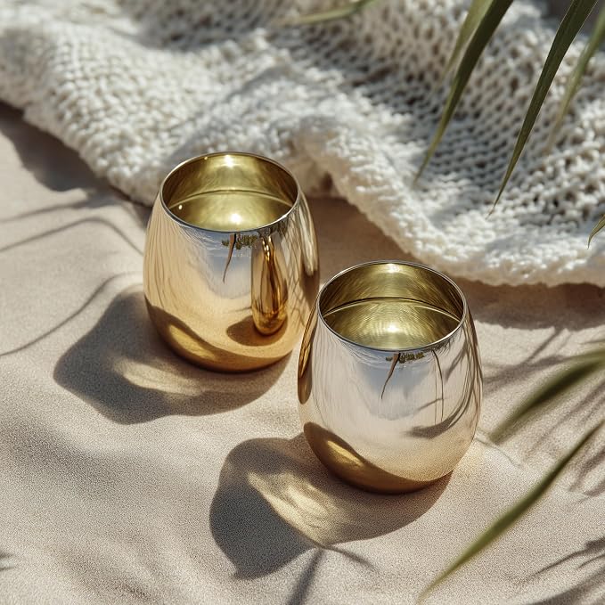 K&K Home Gold Stainless Steel Unbreakable Gold Stemless Wine Glasses - 15 oz - Set of 4 Colored, Stemless Metal Wine Glasses Perfect for Outdoors, Weddings, and Parties