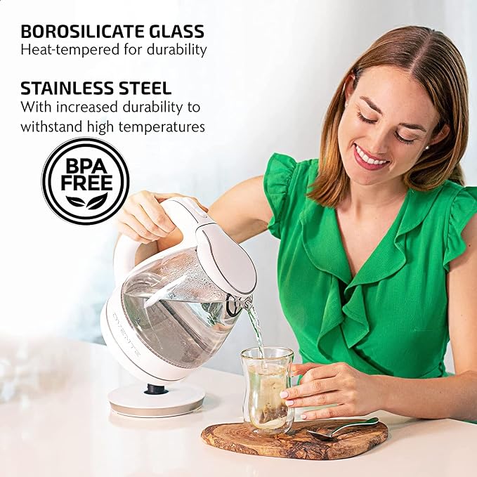 OVENTE Electric Kettle,1.5L Borosilicate Glass Countertop Water Heater & Boiler for Coffee or Tea,BPA-Free,Auto Shut-Off,Boil-Dry Protection,Removable & Washable Spout Filter,White KG83W,(Pack of 8)