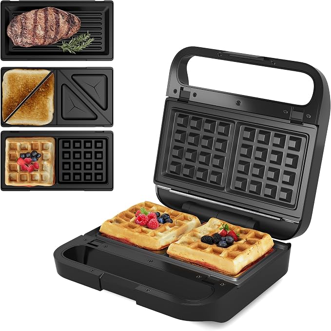 Sunvivi 3 in 1 Sandwich Maker, Electric Waffle Maker with Removable Non-stick Plates, 850W Panini Press Grill with Glass Top, Cool Touch Handle & Easy to Clean