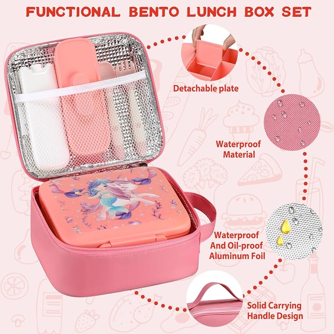 JXXM Bento Lunch Box for Kids With 8oz Soup Thermo,Leak-proof Lunch Containers with 5 Compartment,Thermo Food Jar and Lunch Bag, Food Containers for School (A-Pink（Unicorn - Mermaid）)