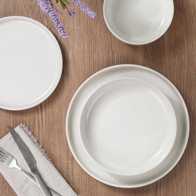 HaWare 8-Piece Plates and Bowls Set for 2, Stoneware Dinnerware Sets with Pasta Bowl, Dishes Set for Home Restaurant, Speckled Milky White